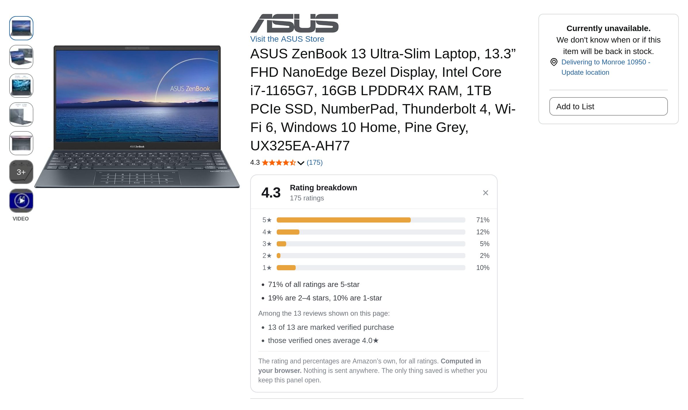 The same panel on another product: a 4.3 average made of 71 percent five-star and 10 percent one-star ratings